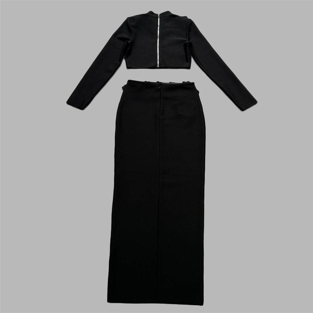 Women's Mock-Neck Rhinestone Crop Top & Maxi Skirt Two-Piece Set
