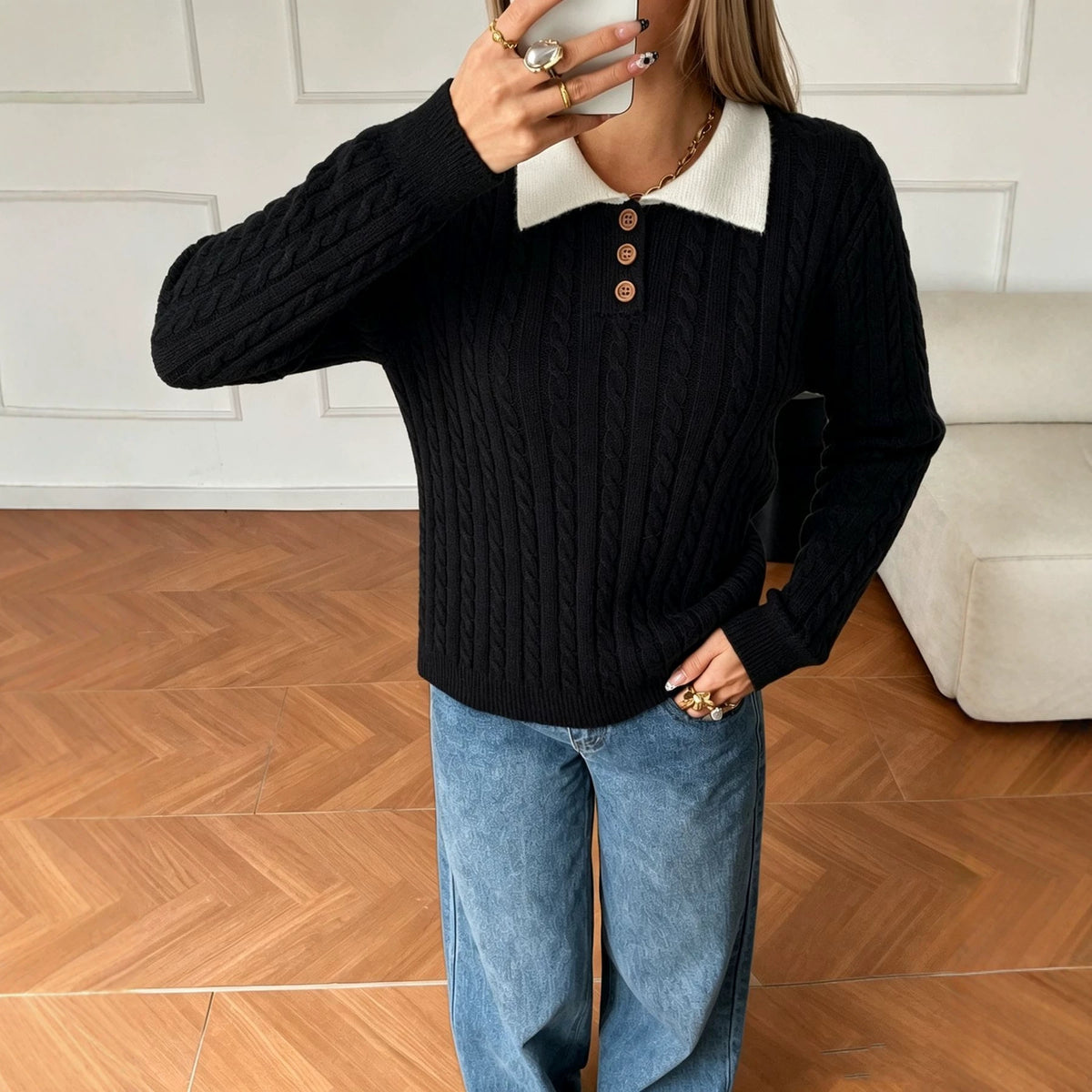 Women's Contrast-Collar Polo Knit Sweater