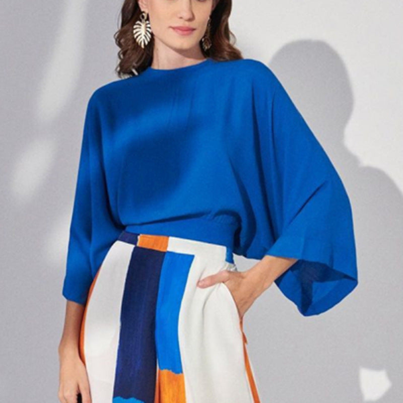 Women's Clothing Loose Office Blue Top High-Waisted Wide Leg Pants Sets