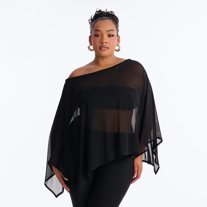 Women Clothing Summer Mesh Diagonal Collar Long Sleeve Tube
