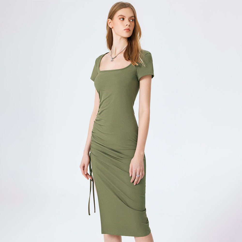Women's Ribbed Knit Square-Neck Side-Slit Dress