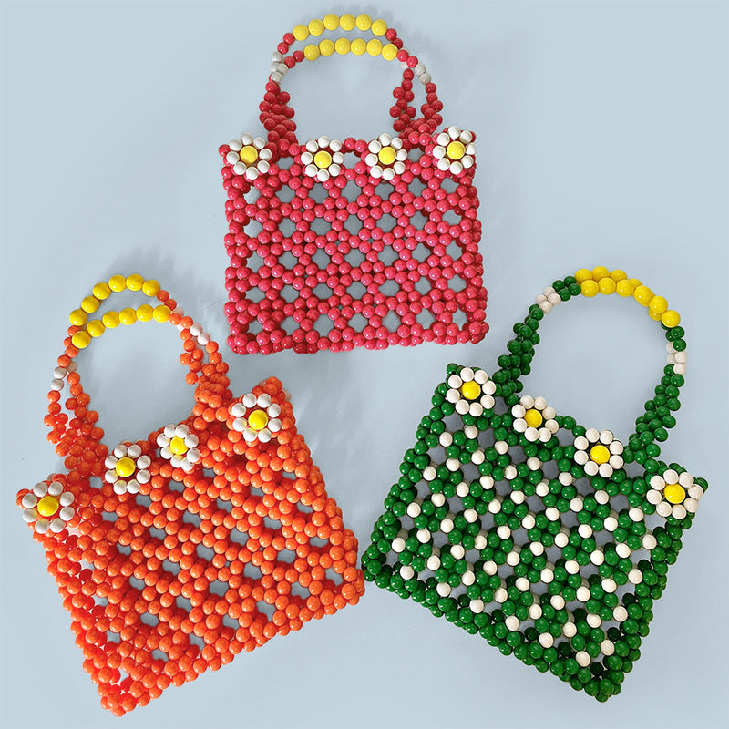 Women's Handmade Beaded Bag Childlike Green Pearl Bag Cute Sweet Floral Handbag Hand Carrying Bag