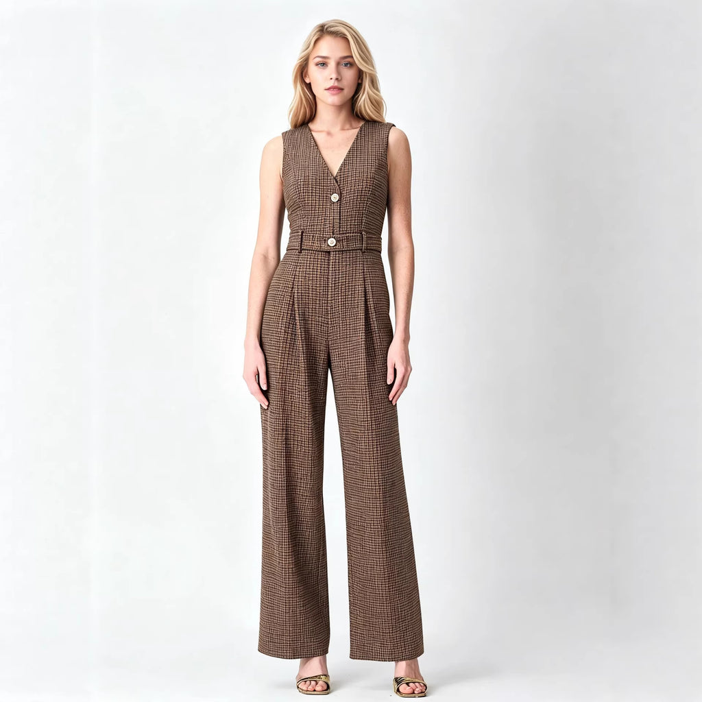 Houndstooth V-Neck Belted Jumpsuit