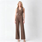 Houndstooth V-Neck Belted Jumpsuit