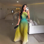Women's Elegant Halter Pleated Gradient Color Maxi Dress