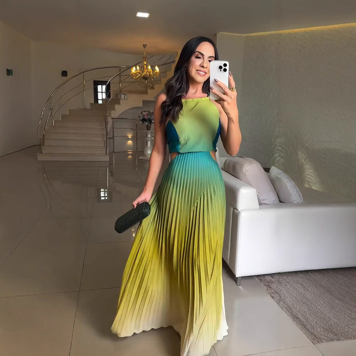 Women's Elegant Halter Pleated Gradient Color Maxi Dress