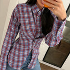 Retro Plaid Shirt Collared Long Sleeve Waist Tight All Matching