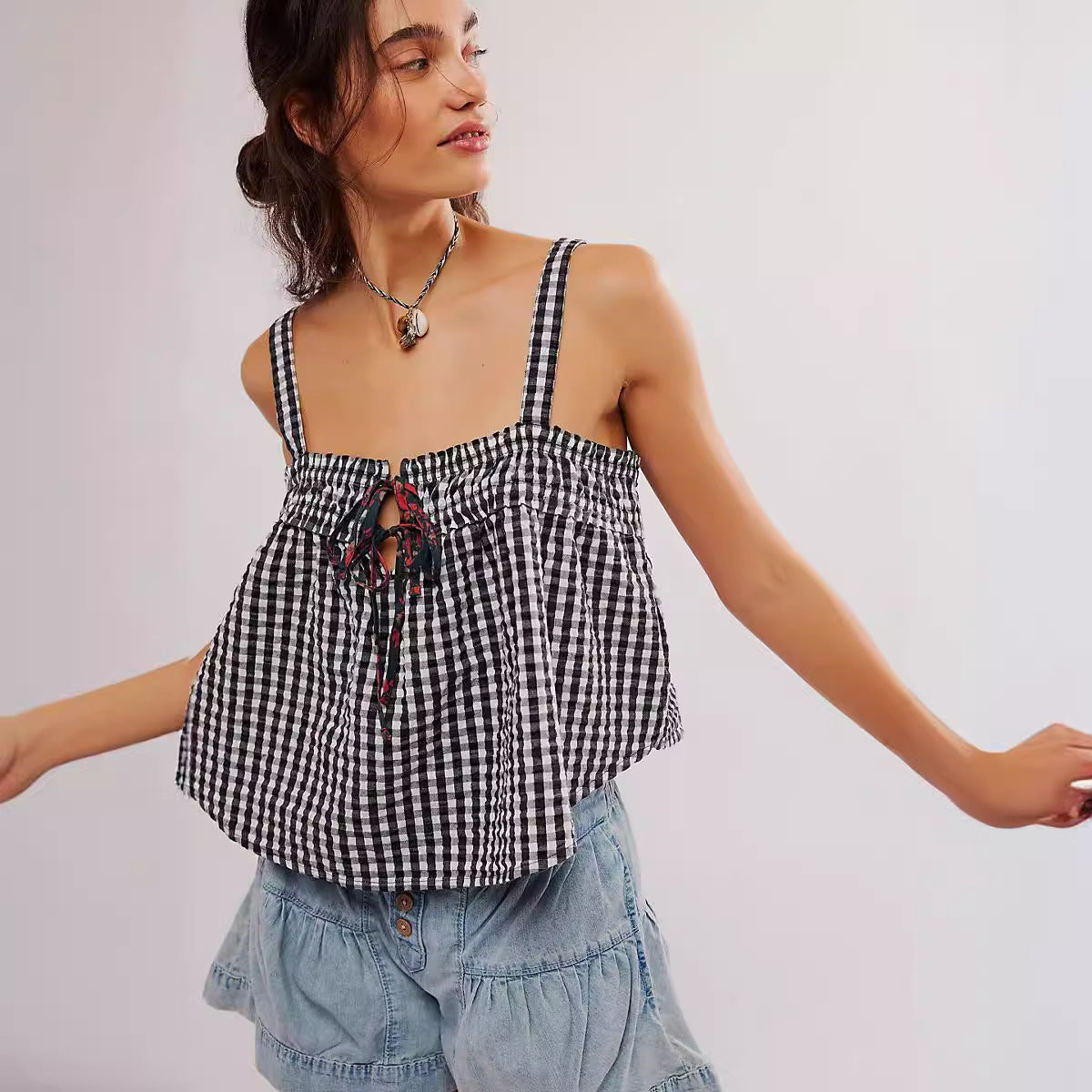 Women's Plaid Pleated Vest Top