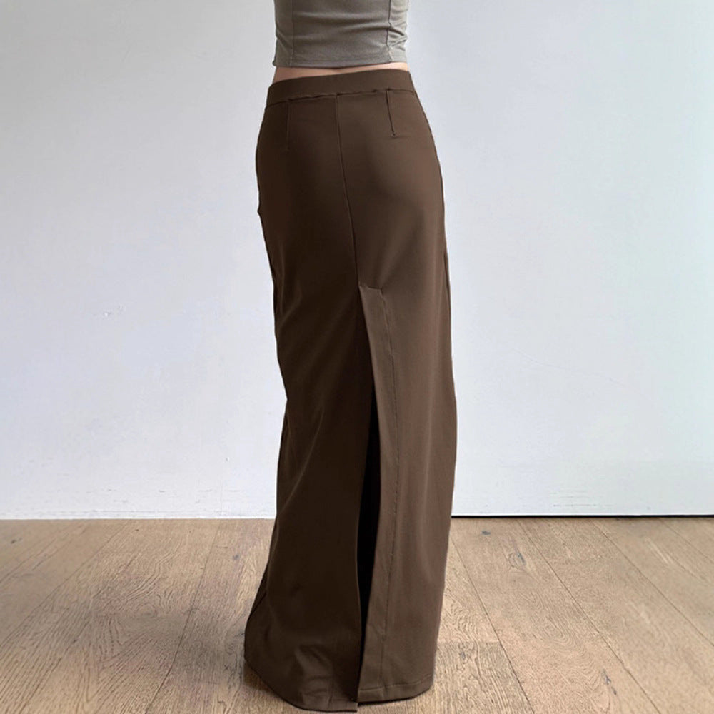 Retro Sheath High Waist Solid Color Drape Slit Long Skirt