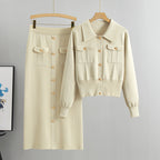 Women's French Collared Chanel Autumn Winter Sweater Women Cardigan Top Knitted Slim Skirt Two Piece Set