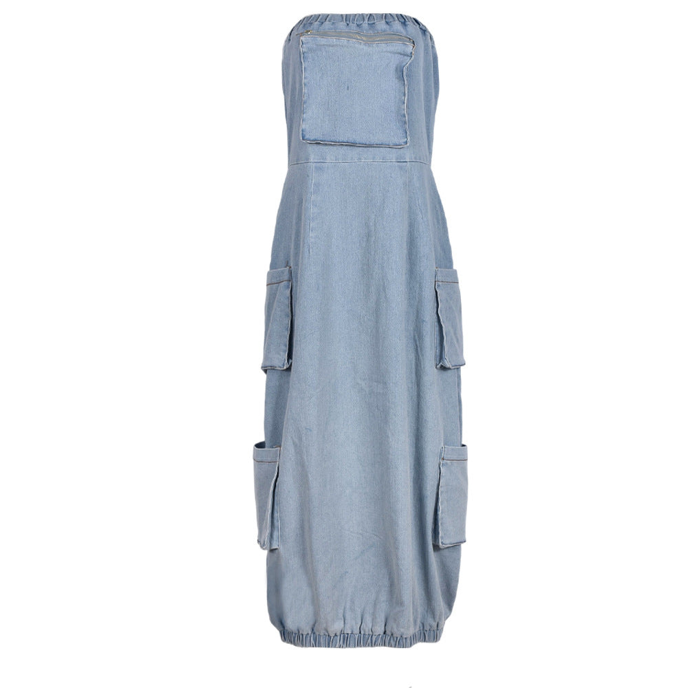 Tube Top Pocket Backless Washed Denim Dress