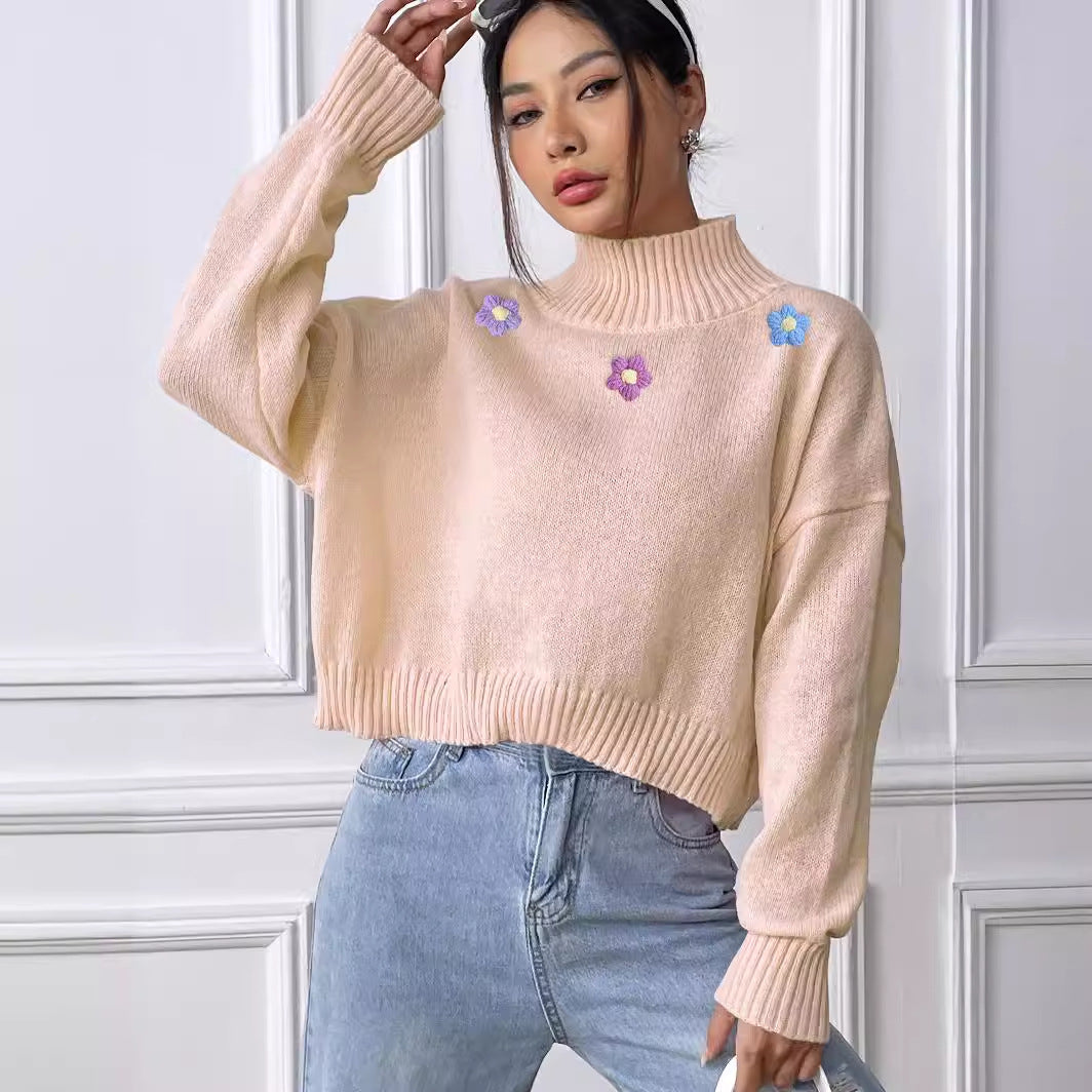 Women Short Top Clothing Hand Crocheted Floral Collage Turtleneck Pullover Loose Casual Bottoming