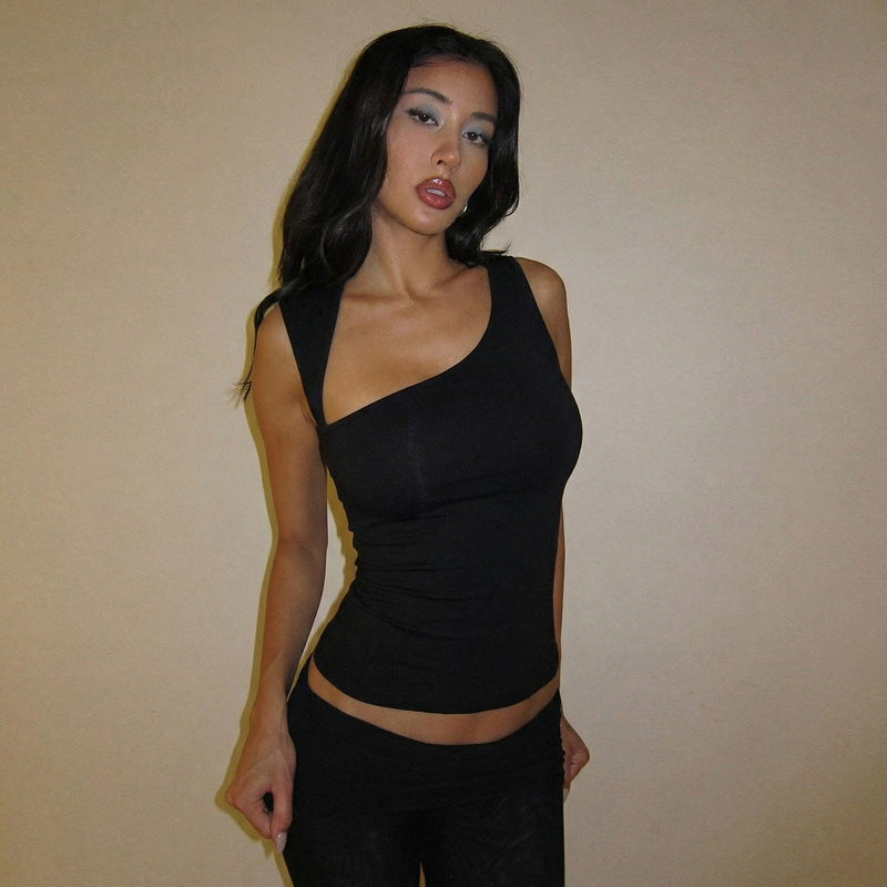 Irregular Asymmetric Neckline Slim Fit Solid Color Vest Top