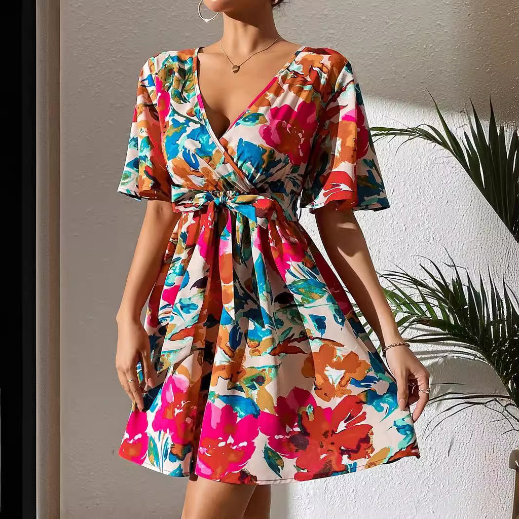 Floral Print Cross-Collar Belt Dress