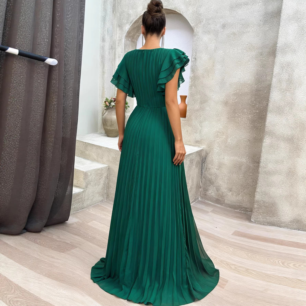 Women Sexy Pleated Short Sleeve Elegant Cocktail Long Green Evening Dress
