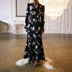 's Printed Stand Collar Long Sleeved Dress For Autumn Office High Waist Dress