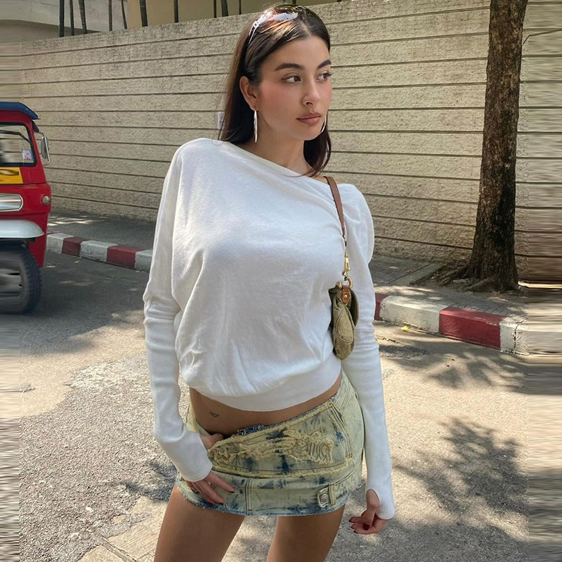 Autumn White off the Shoulder Clothes Pullover T shirt Loose Casual Slim Fit