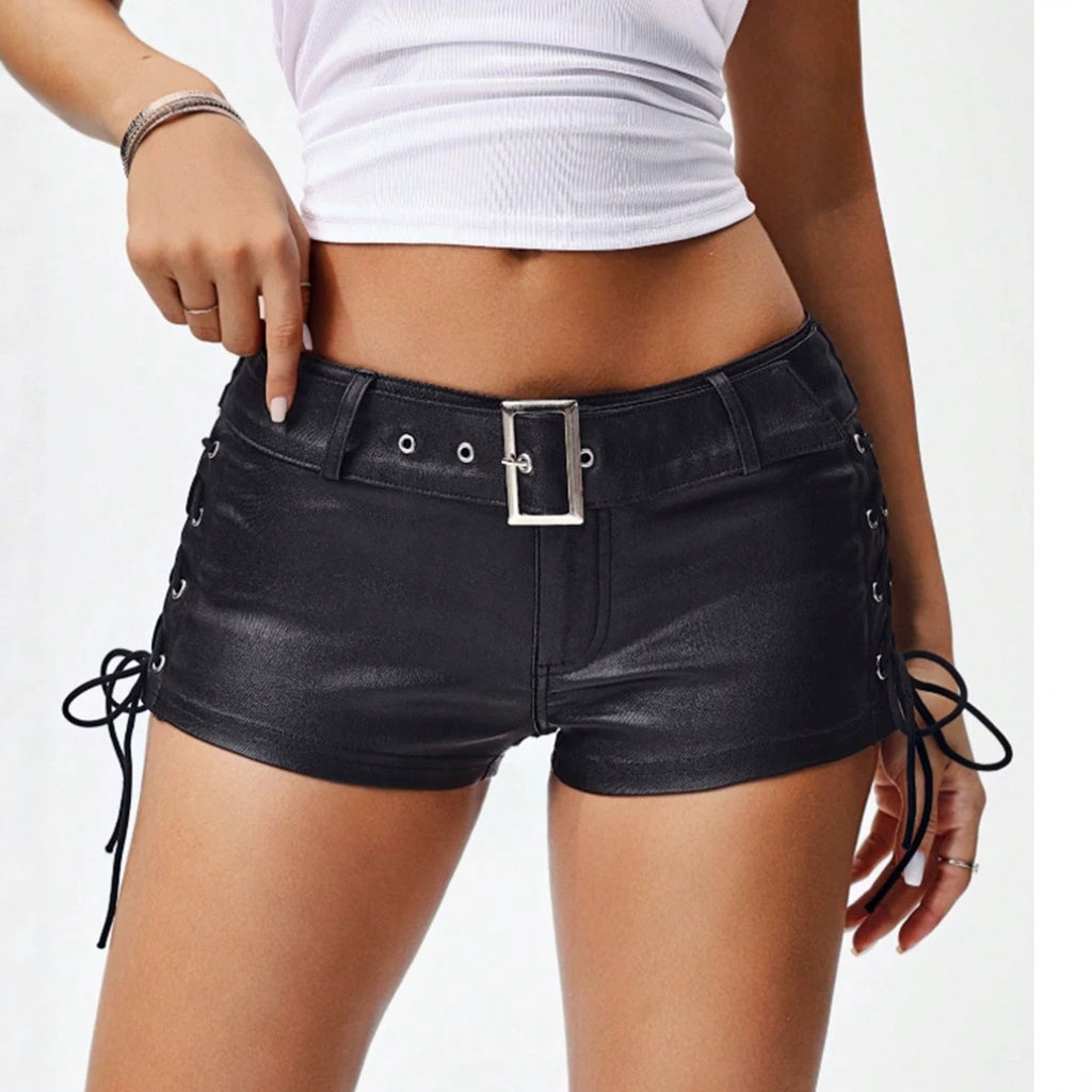 Women's Low-Waist Leather Shorts With Lace-Up Details