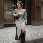 Women's Gray Asymmetric Cutout Midi Dress