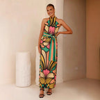 Printing Halter Lace-Up Backless Length Vacation Dress