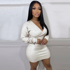 Women's Faux-Leather V-Neck Long-Sleeve Mini Dress