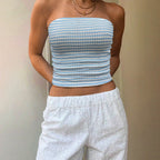 Women's Women’s Blue And White Striped Strapless Crop Top