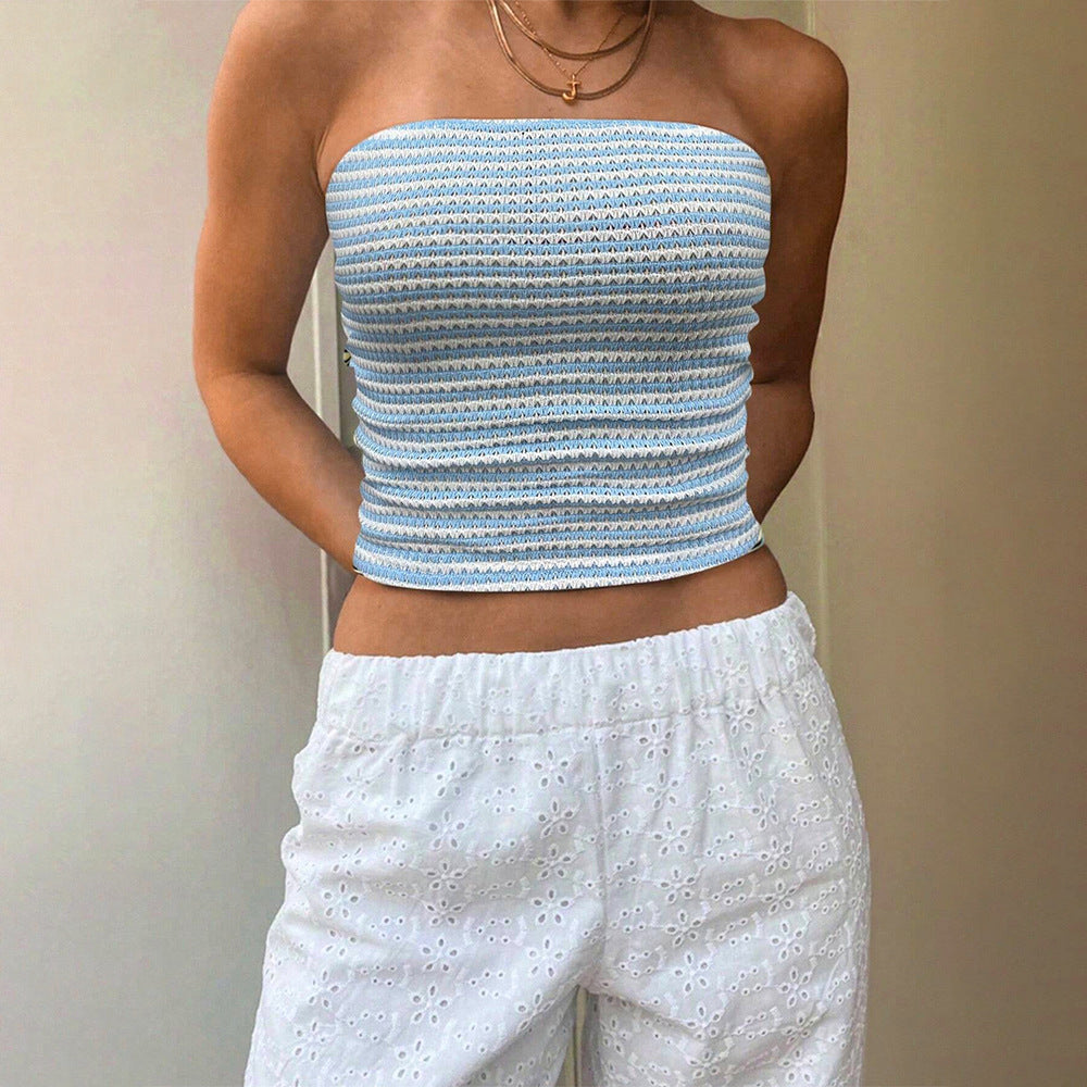 Women's Women’s Blue And White Striped Strapless Crop Top