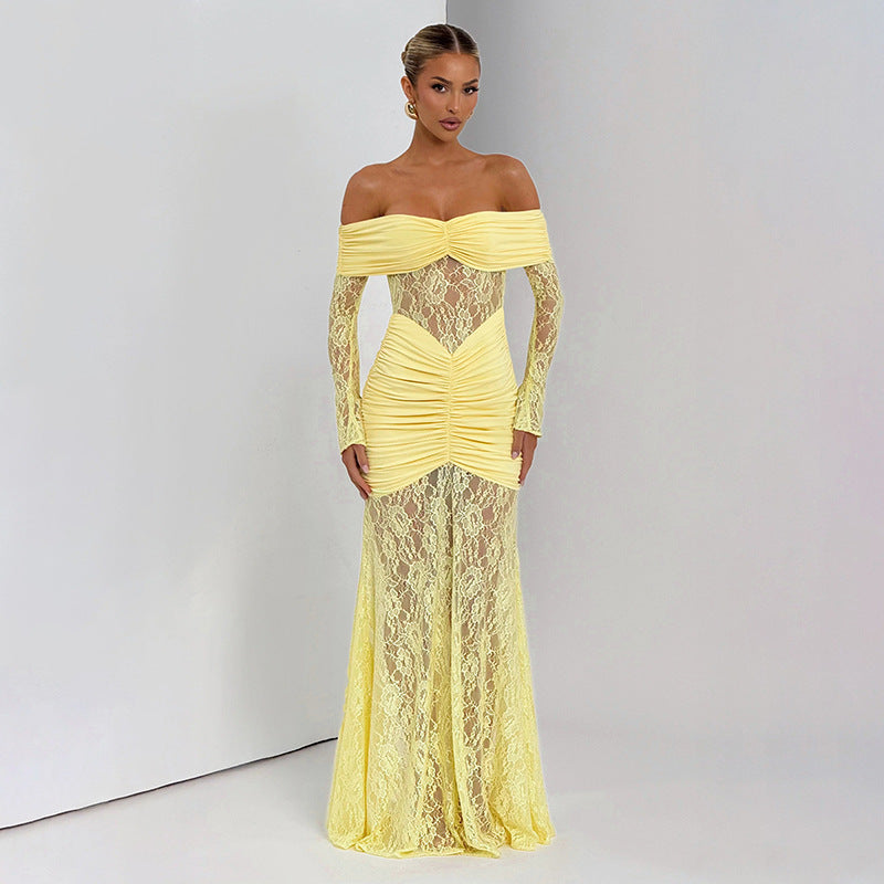 Women's Lace Off-Shoulder Long Sleeve Slit Maxi Dress
