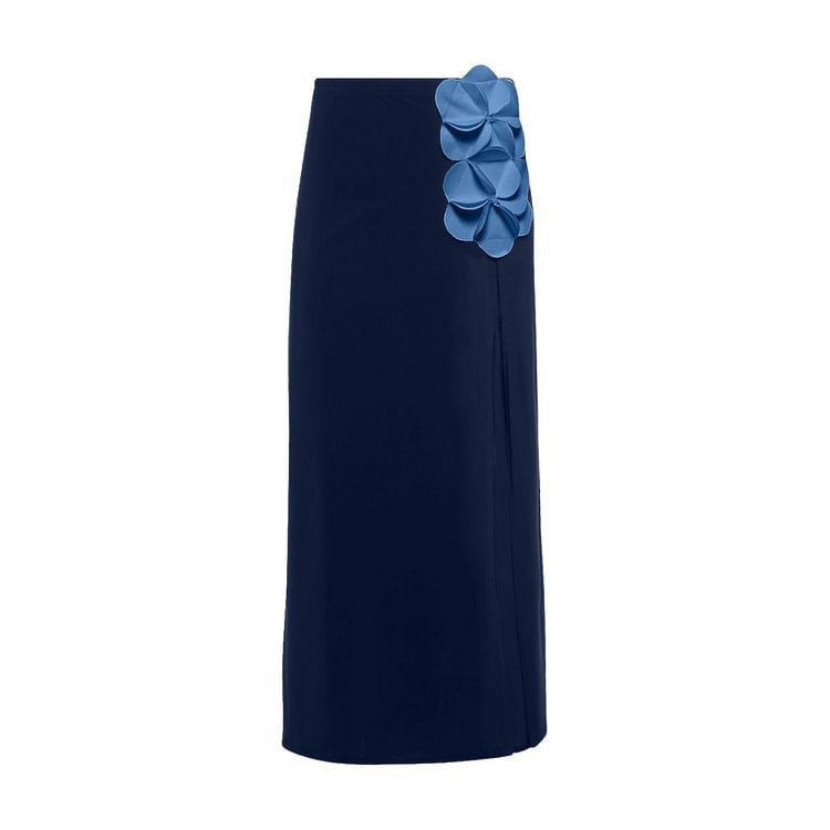 One-piece swimsuit with draped long silhouette and light-blue flower applique, navy