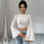 Women’s White Embroidered Bell Sleeve Crop Top