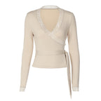 Women's Autumn Solid Color V Neck Lace Band Long Sleeved T Shirt