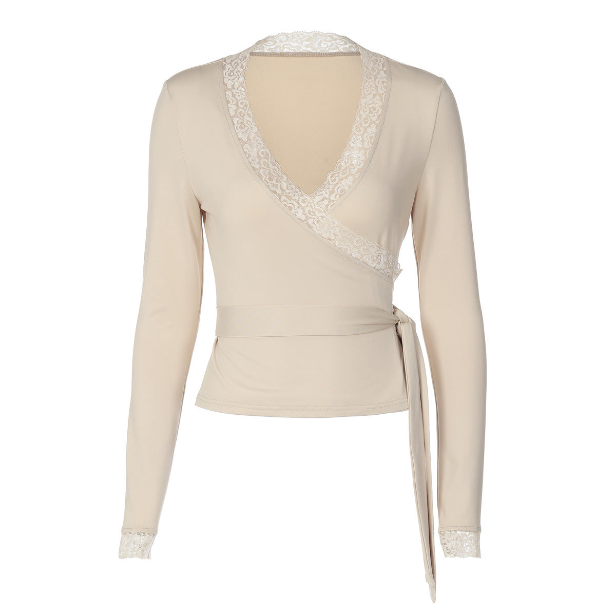 Women's Autumn Solid Color V Neck Lace Band Long Sleeved T Shirt
