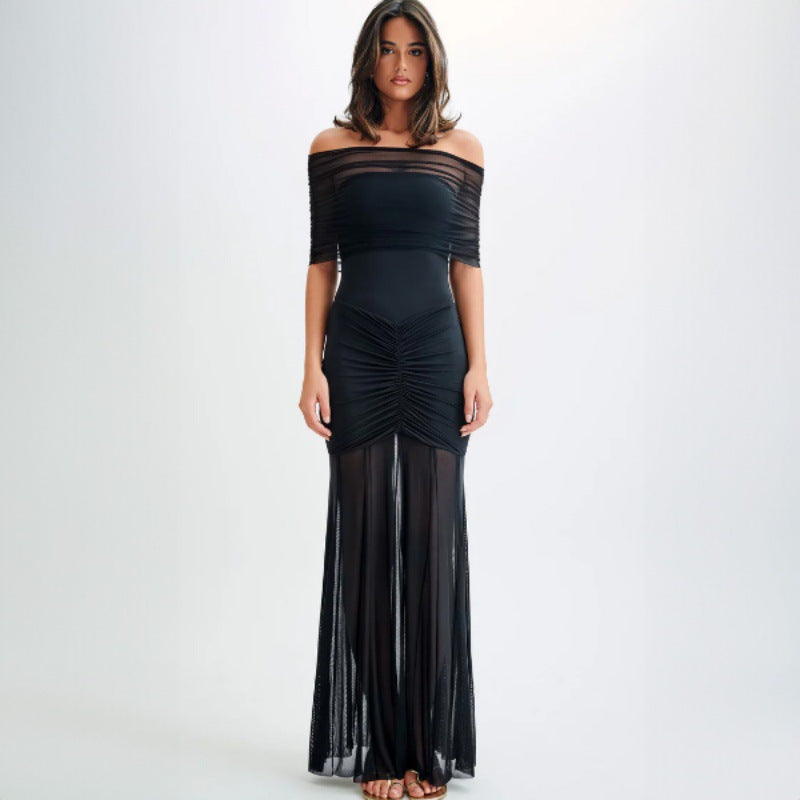 Autumn Strapless Pleated Mesh Slim Fit Patchwork Dress Two Piece Set