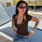 Women Clothing Summer Solid Color Tether Halter Sexy Lace Ruffled Short Sleeves Slim T shirt for Women