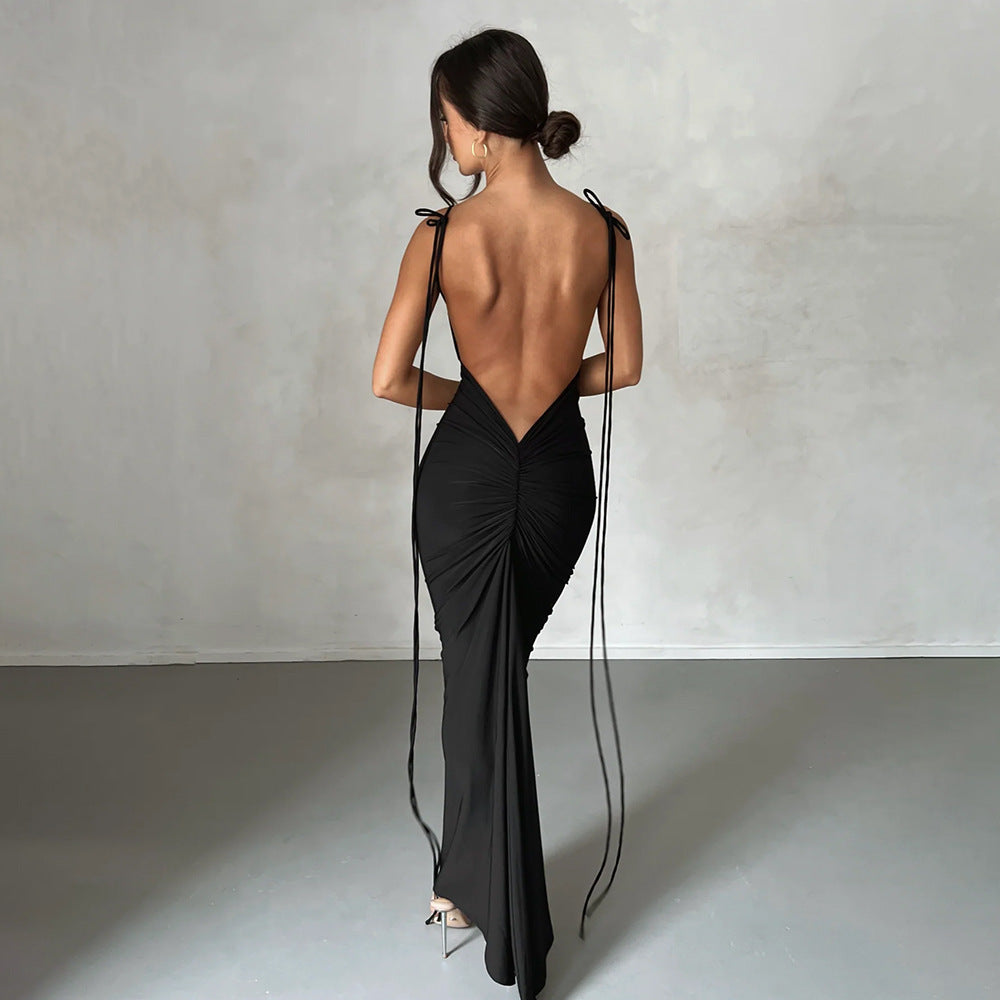 Dress Backless Pleated Evening Sleeveless Strap for