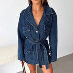Women's Belted Mid-Length Denim Jacket