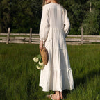 Cotton Champray V Neck Long Sleeve Dress