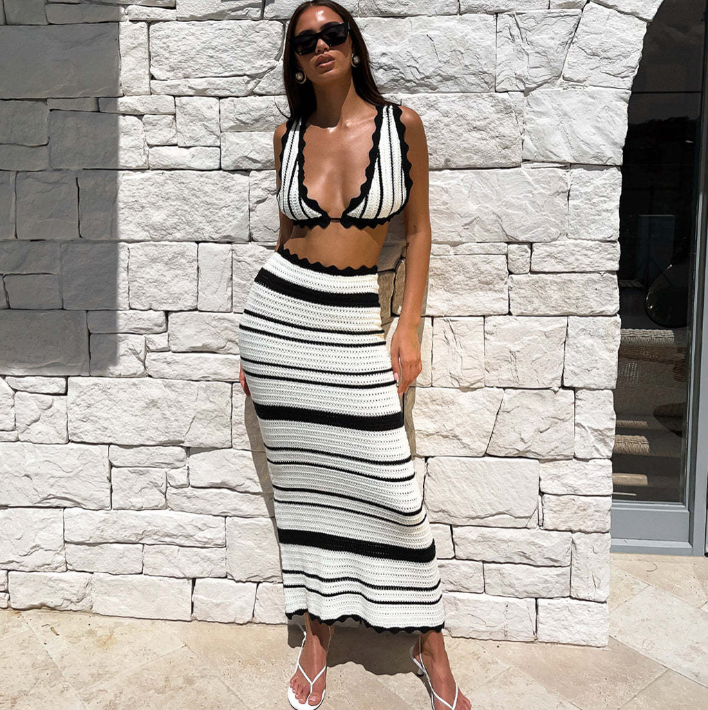 Women's Striped Bikini Vest Sling Top Set Beach Bohemian Contrast Color
