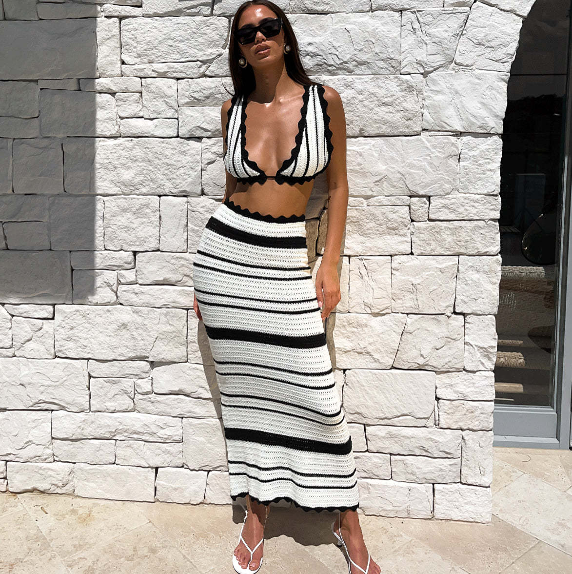 Women's Striped Bikini Vest Sling Top Set Beach Bohemian Contrast Color