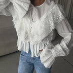 French Lace Stitching Tied Waisted Long Sleeved Shirt Women