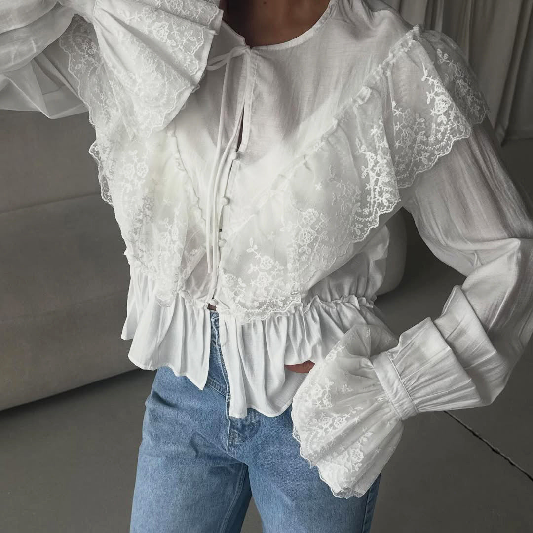 French Lace Stitching Tied Waisted Long Sleeved Shirt Women