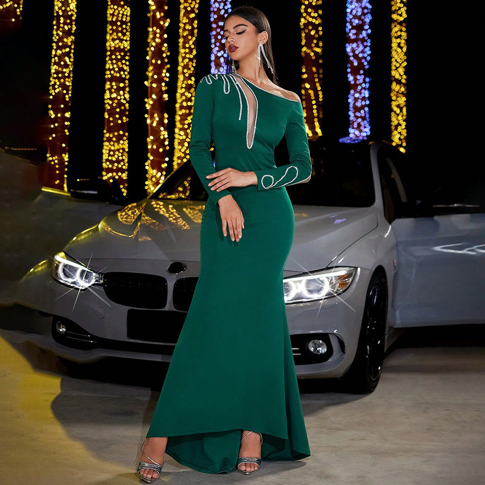 Women's One-Shoulder Sequin Long-Sleeve Maxi Evening Dress