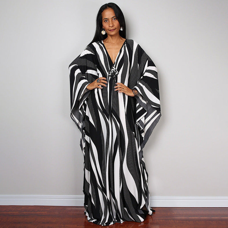 Black and white beach dress one-piece swimwear with zebra stripe print and wide sleeves
