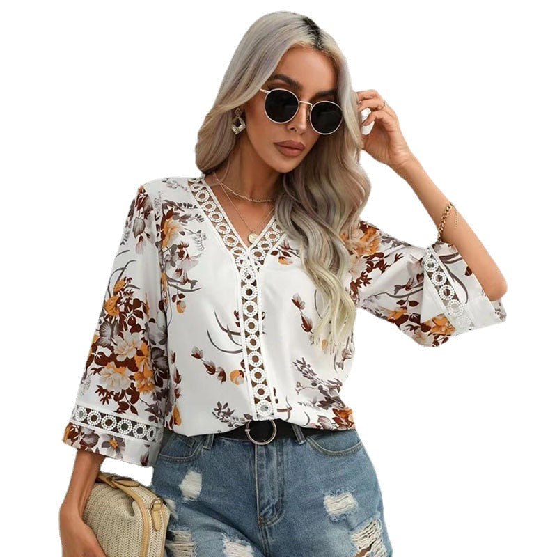 Women's 175summer Autumn Lace Bell Sleeve V Neck Loose Printed Chiffon Shirt