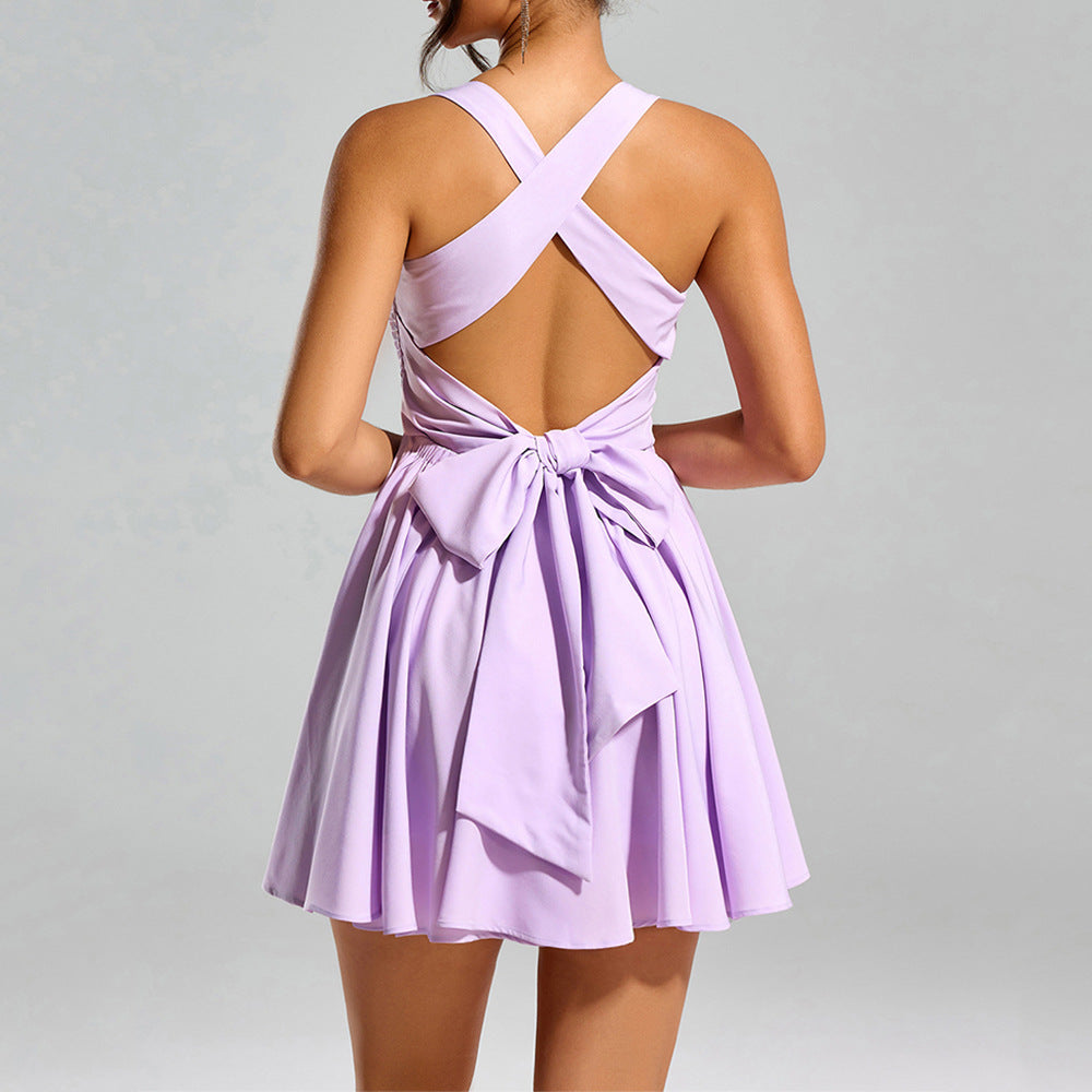 Women's Cami Dress Sexy Wooden Ear Smocking Backless Bow A Line Dress