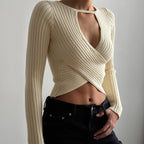 Women's Hollow Out Cutout Knitted Threaded Long Sleeve Cropped Top