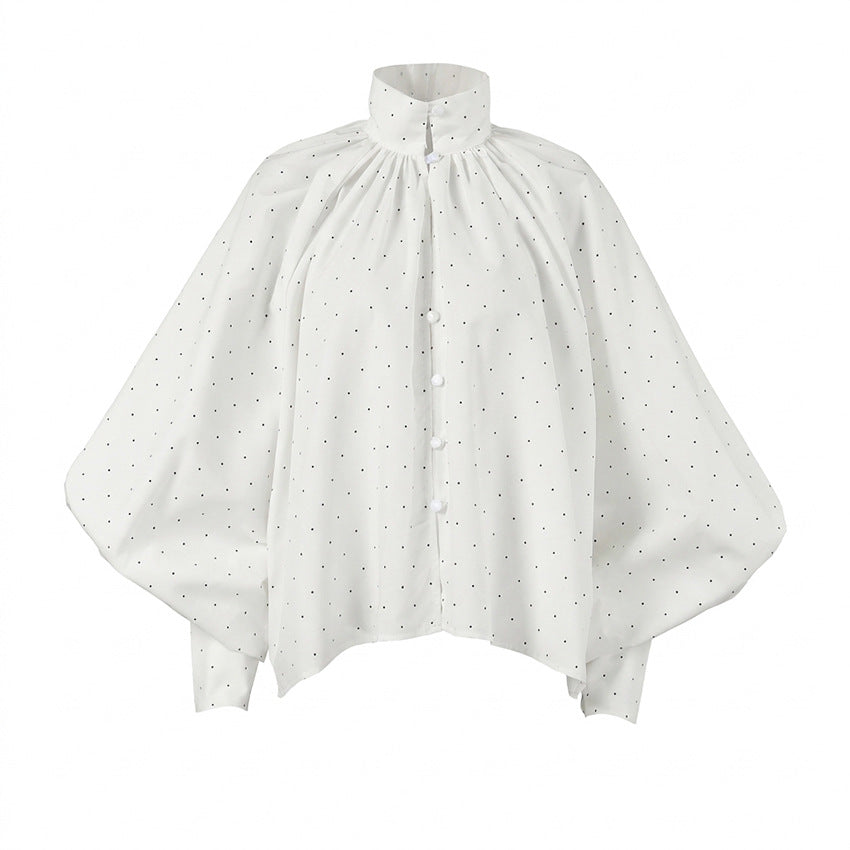 Vacation Polka Dot Top Stand Collar Pinch Pleated Loose Lantern Sleeve Shirt
