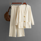 Autumn Winter Solid Color Loose Metal Button Cardigan Wide Leg Pants Two-Piece Set