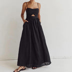 Women's Black High-Waist French Vacation Maxi Dress
