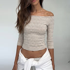 Off Shoulder Slim Striped Slimming Long Sleeve Short Top T shirt